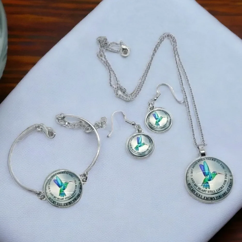 Hummingbird Memorial Jewelry Set Necklace Bracelet Earrings Sympathy Gift